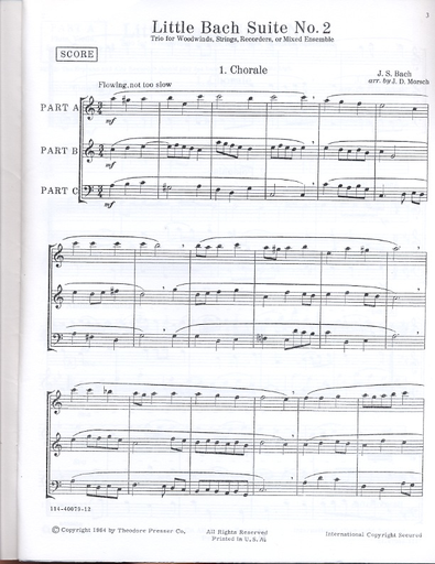 Bach, J.S.: Little Bach Suite #2 (two violins & cello) score & parts