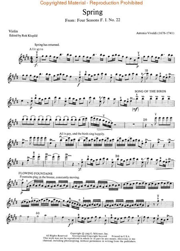 Vivaldi, A. (Klopcic): ''Spring'' - Four Seasons, Op.8 (violin, and piano accompaniment) SCHIRMER