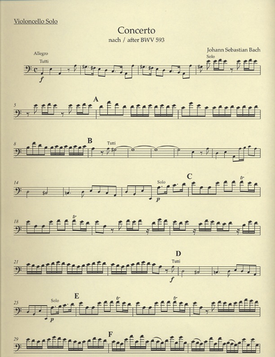 Bach, J.S.: Concerto in A minor for Cello, Strings & Basso Continuo, after BWV 593 (cello & piano) Barenreiter