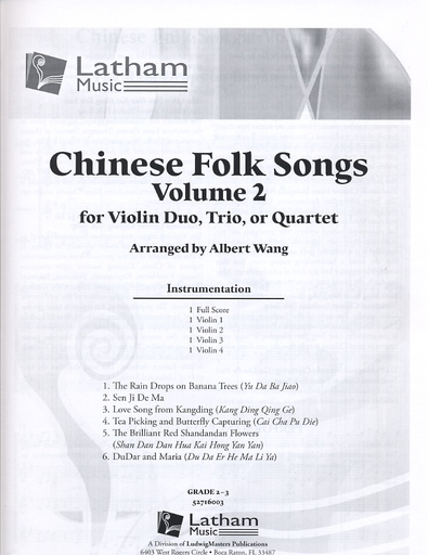 Wang, Albert: Chinese Folk Song, Vol. 2 (for Violin Duo, Trio or Quartet) score and parts