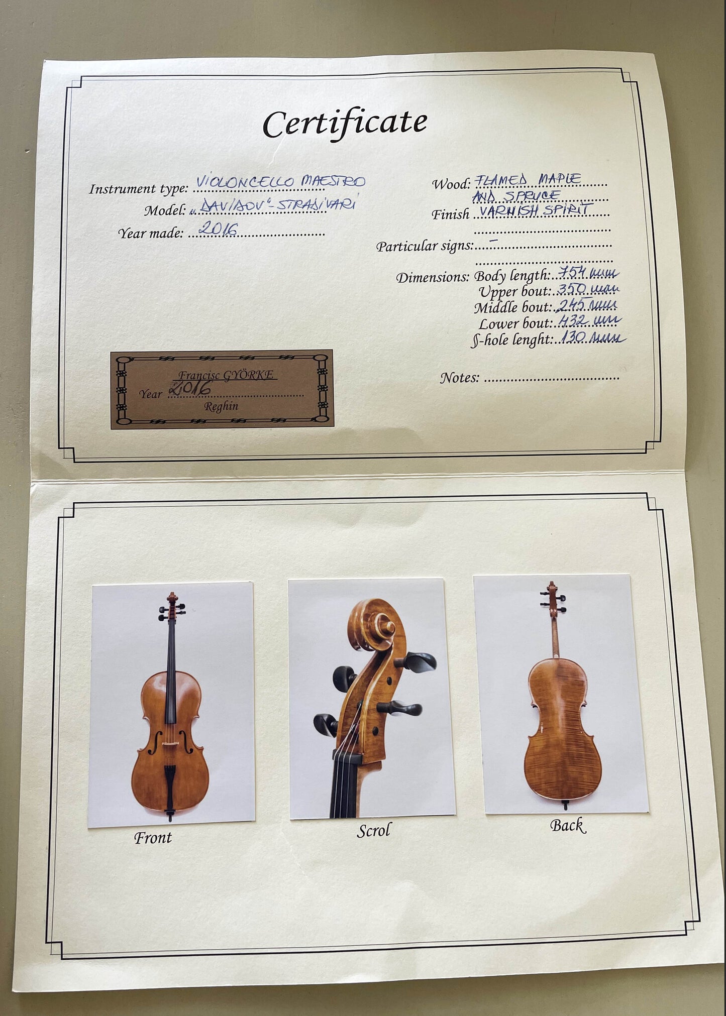 Francisc GYÖRKE cello, 2016, Reghin, Strad model, with certificate | Metzler Violins