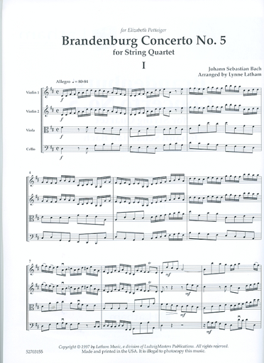 Bach, J.S. (Latham): Brandenburg Concerto No. 5 arranged for string quartet (score & parts)