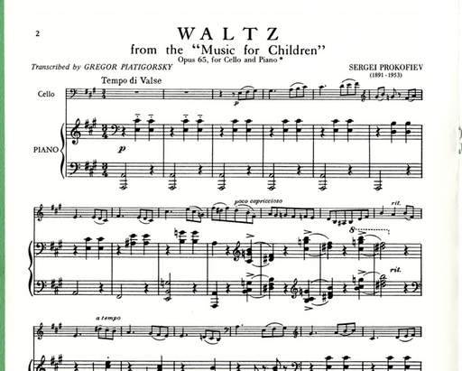 Prokofiev, Sergei (Piatigorsky): Waltz Op.65 from ''Music for Children'' (Cello & Piano)