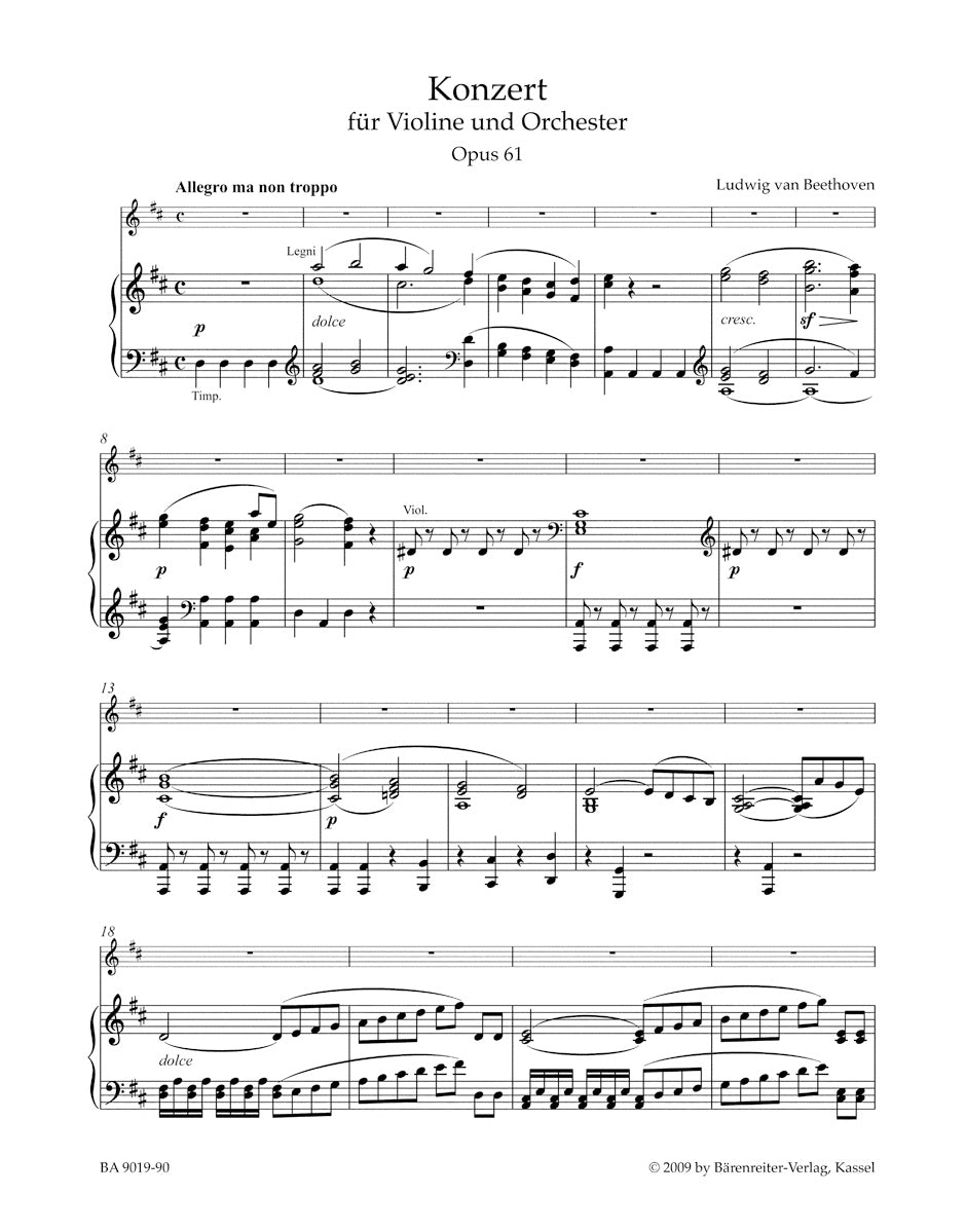 Beethoven, L. van (Del Mar): Violin Concerto in D Major, Op. 61 (violin & piano) Barenreiter Urtext