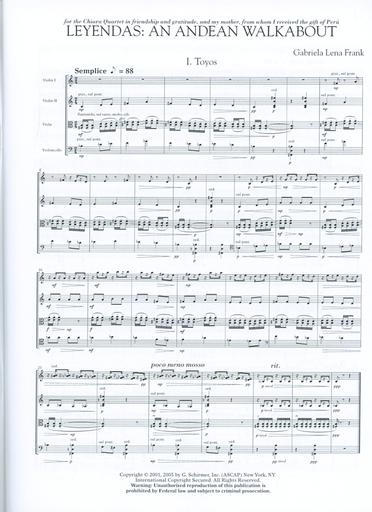 Frank, Gabriela Lena: Leyendas-An Andean Walkabout for String Quartet (score and parts)