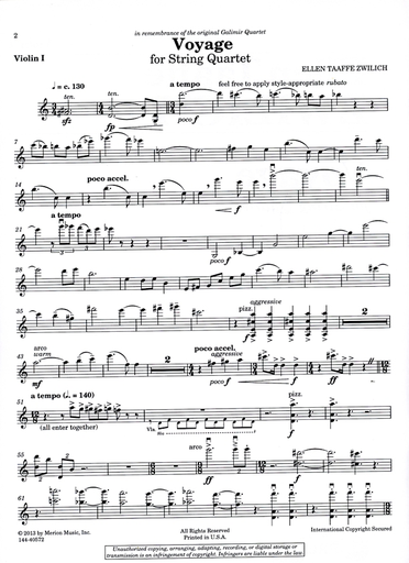 Zwilich, Ellen Taafe: Voyage for String Quartet (score and parts)
