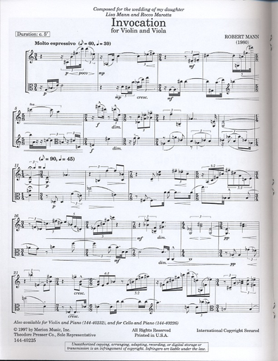 Mann, Robert: Invocation (violin & viola)