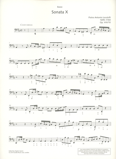 Locatelli, Pietro Antonio: Trio Sonata Op. 8 No. 10 for violin, Cello & Basso Continuo (violin, 2 cellos, piano)