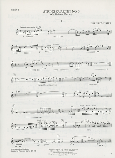 Siegmeister, Elie: String Quartet No. 3 (On Hebrew Themes), set of parts