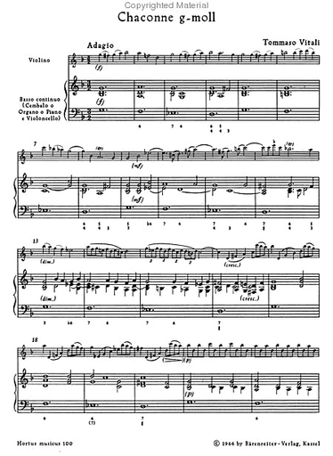 Vitali, Tommaso Antonio: Chaconne (Ciaccona), (Ciacona), fur Violin and basso continuo G minor (violin & piano) Barenreiter