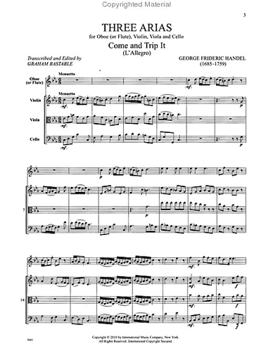 Handel, G.F. (Bastable): Three Arias from L'Allegro, Radamisto and Alessandro (oboe or flute, violin, viola, cello)