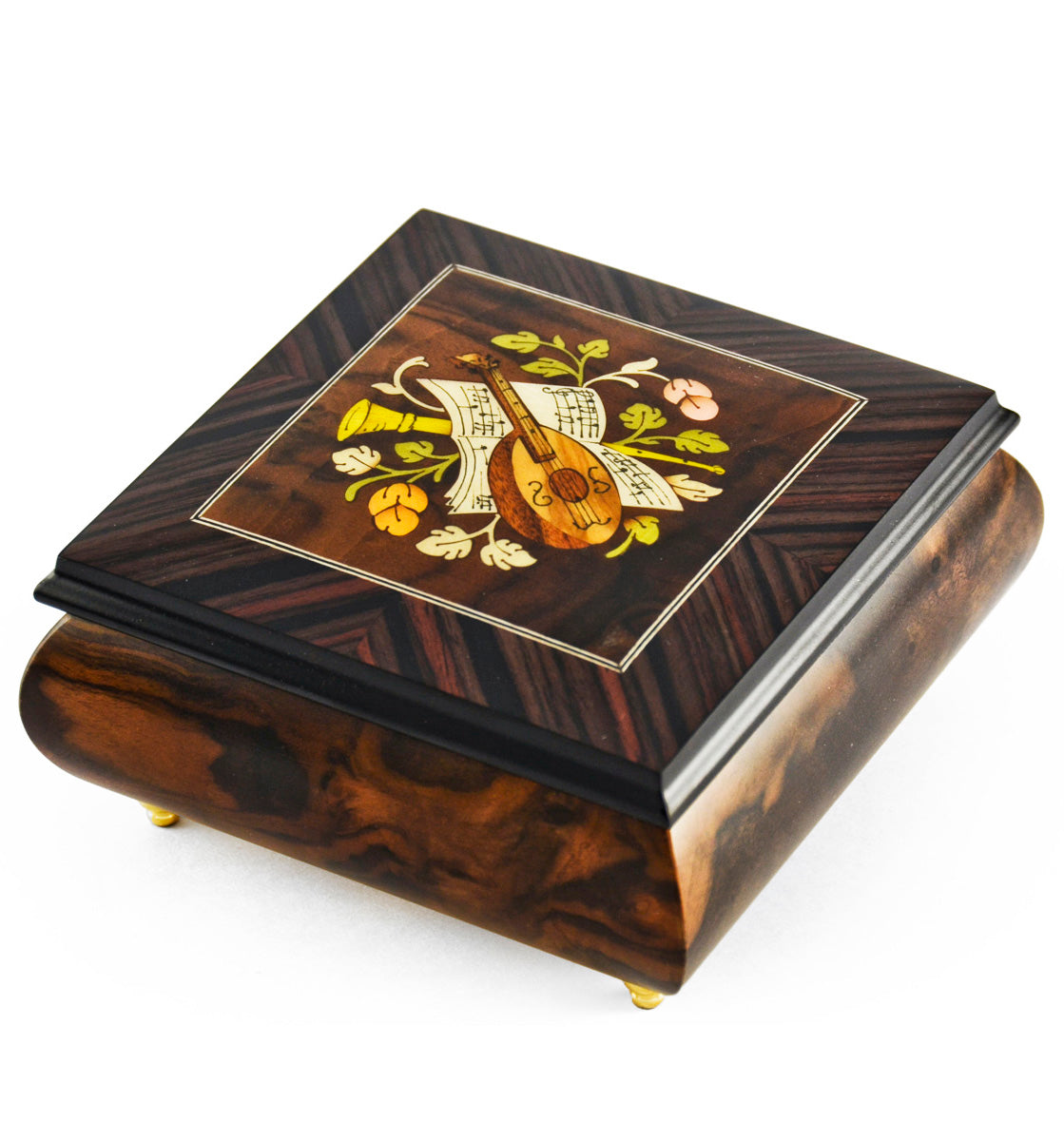 Music box, burl walnut & rosewood, with inlaid lute, Magic Flute melody, Sorrento, ITALY
