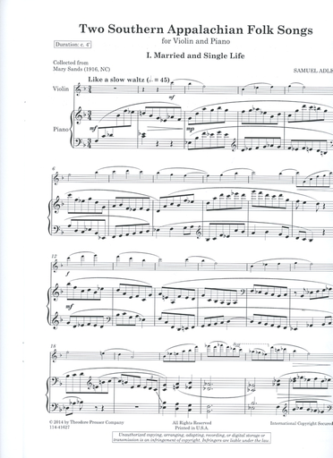 Adler, Samuel: Two Southern Appalachian Folk Songs for Violin and Piano