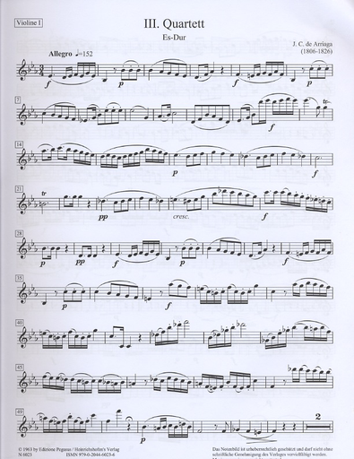 Arriaga, Juan (Hockner) : String Quartet No. 3 in Eb (parts)