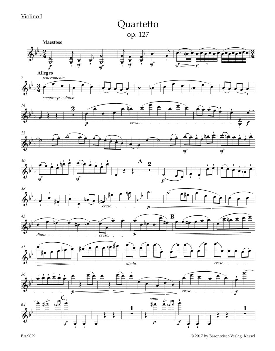 Beethoven (Del Mar): String Quartet in E-flat major, Op. 127 , Urtext (string quartet parts) Barenreiter