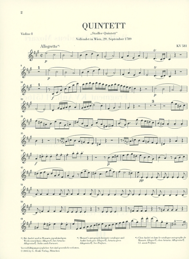 Mozart, W.A. (Wiese): Clarinet Quintet in A, K.581and Fragment K.Anh. 91 (516c), urtext (clarinet, 2 violins, viola, and cello)