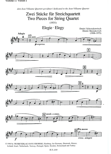 Shostakovich: (score/parts) Two Pieces - Elegy & Polka (string quartet) Edition Sikorski