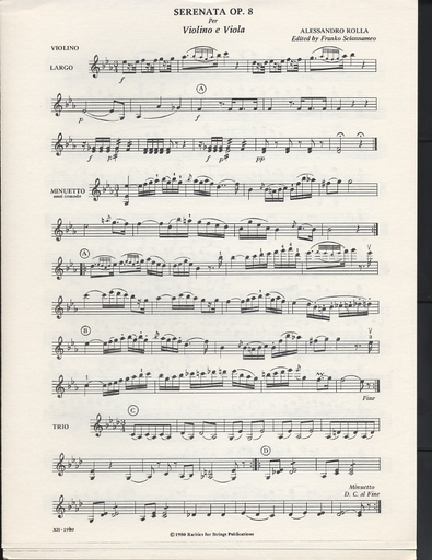 Rolla, Alessandro (Sciannameo): Serenata Op.8 for Violin & Viola tuned one third below