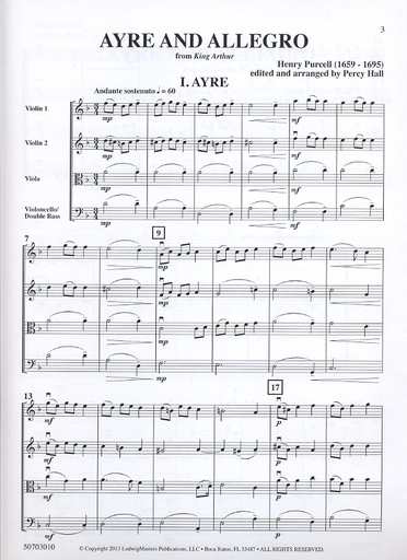 Purcell, Henry (Hall, arr): Ayre and Allegro from King Arthur (string quartet) score and parts