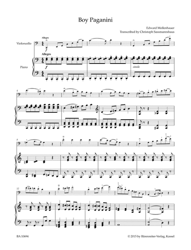 Mollenhauer, E. (Sassmannshaus): The Boy Paganini (cello & piano) Barenreiter