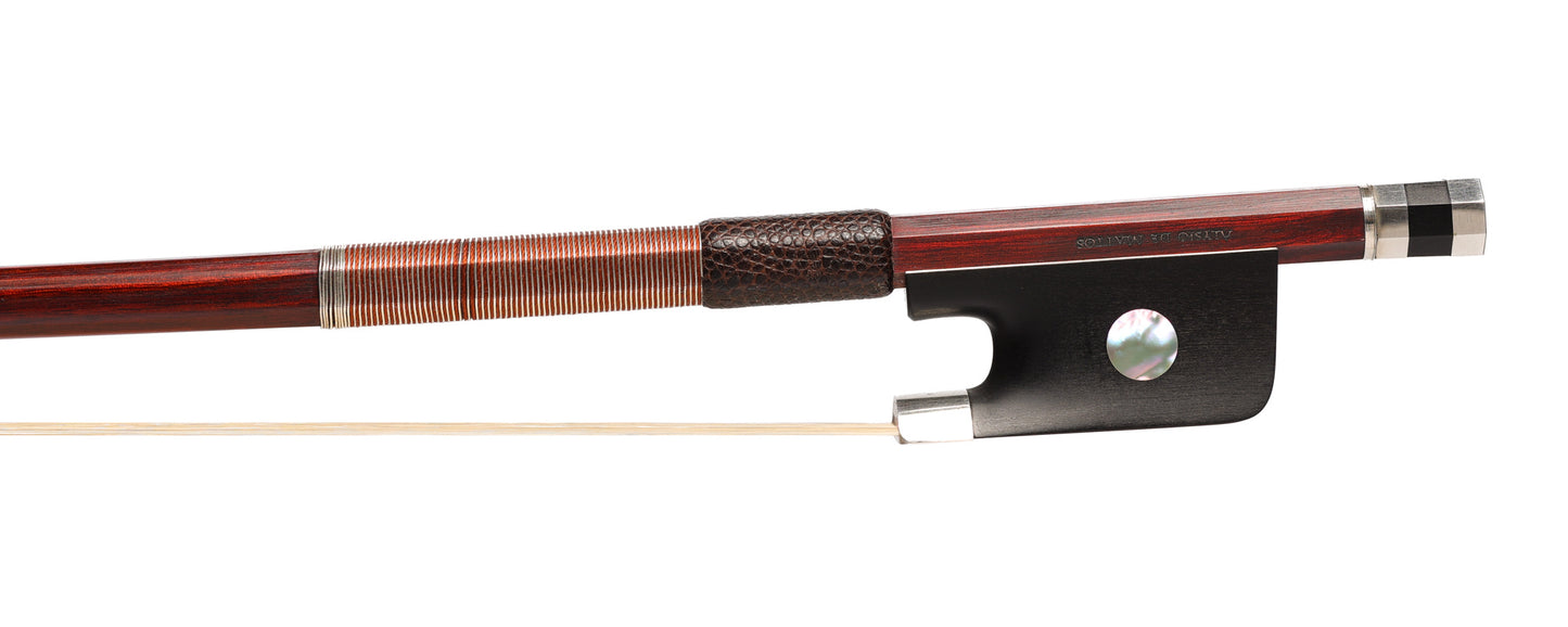 ALYSIO De MATTOS cello bow, dark red-brown Pernambuco stick with silver-mounted ebony frog, silver tip, BRAZIL, 79.7 grams