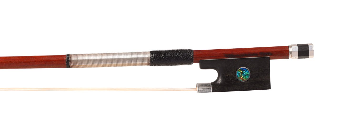 DAVID RUSSELL YOUNG violin bow, round Pernambuco stick with silver-mounted ebony frog with green Dichrolam pearl, 60.9 grams, Colorado, USA