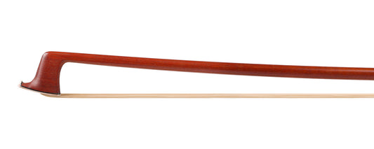 DAVID RUSSELL YOUNG violin bow, round Pernambuco stick with silver-mounted ebony frog with green Dichrolam pearl, 60.9 grams, Colorado, USA