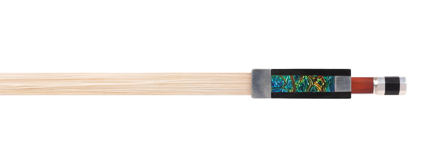 DAVID RUSSELL YOUNG violin bow, round Pernambuco stick with silver-mounted ebony frog with green Dichrolam pearl, 60.9 grams, Colorado, USA