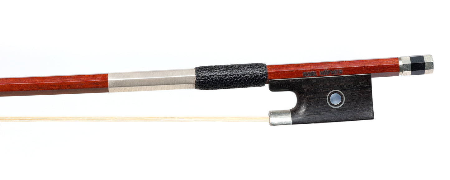KARL HÖFNER violin bow, dark octagonal Pernambuco stick, ebony & nickel mounted frog with Parisian eyes, GERMANY, 61.6g