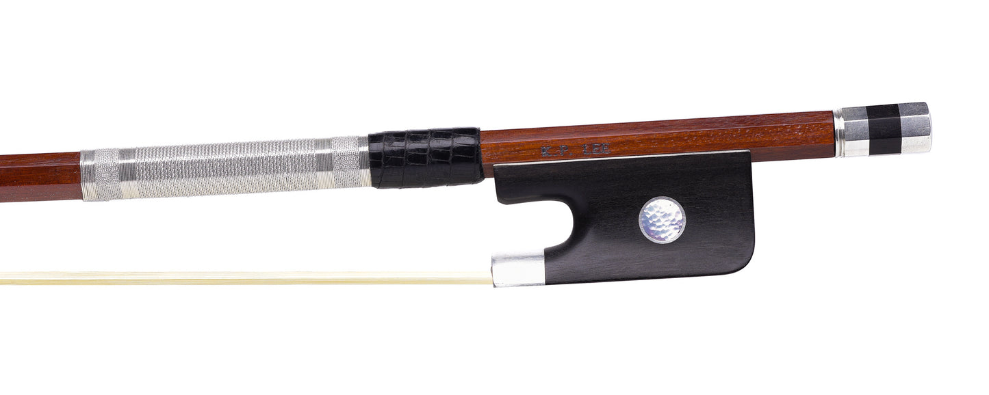 K. P. Lee silver mounted round cello bow, #16, with silver tinsel and silver wire grip, 80.9 grams, USA