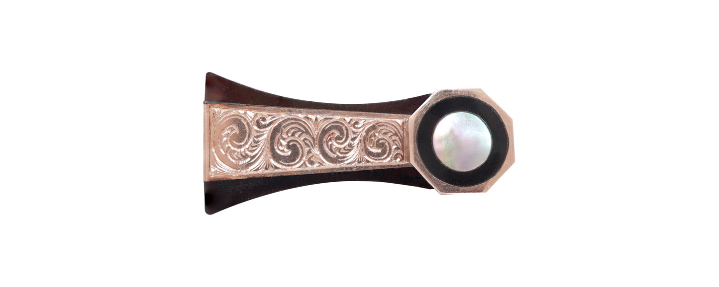 A.R. BULTITUDE violin bow, tortoise shell, chased rose-gold mountings, gold Tudor Rose gold inlays, round stick 61.9 g | Metzler Violins