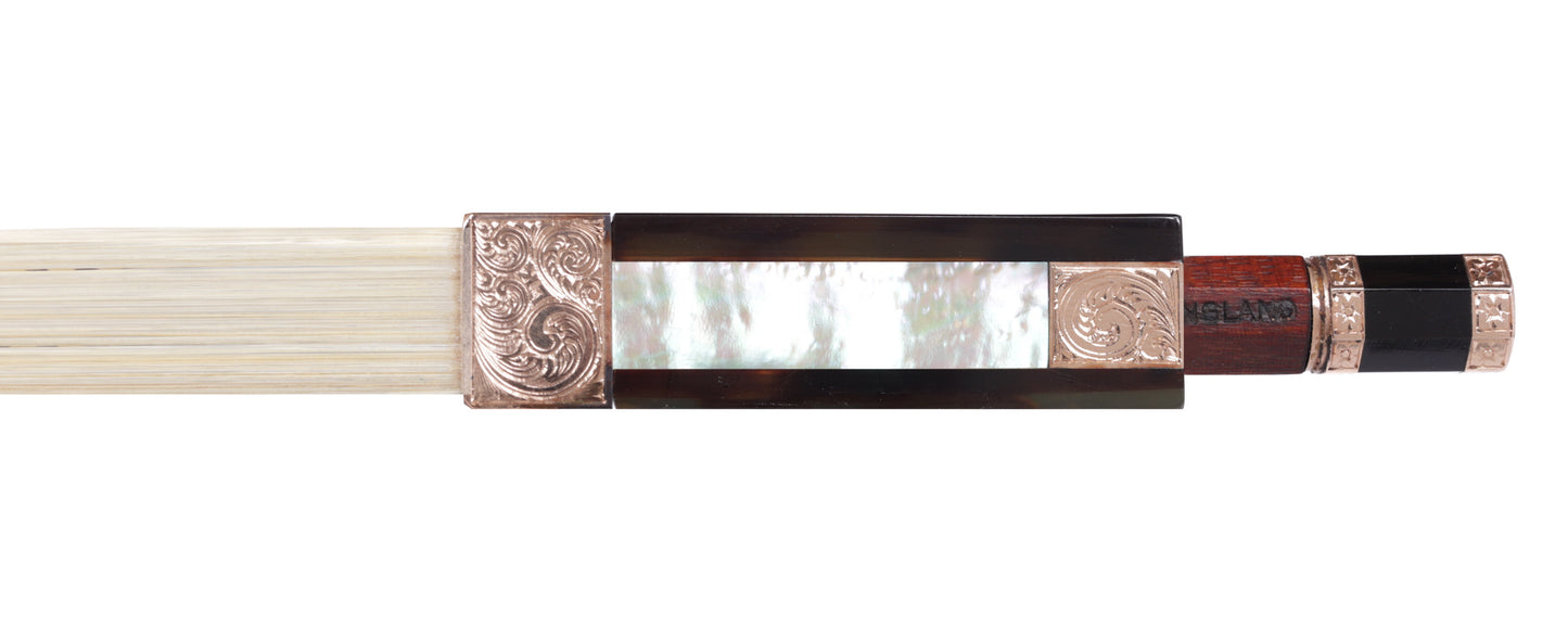 A.R. BULTITUDE violin bow, tortoise shell, chased rose-gold mountings, gold Tudor Rose Inlays, octagonal stick 62.2g | Metzler Violins