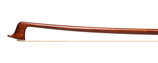 Pernambuco violin bow, unbranded, round stick, with silver-mounted ebony frog, 62.0g