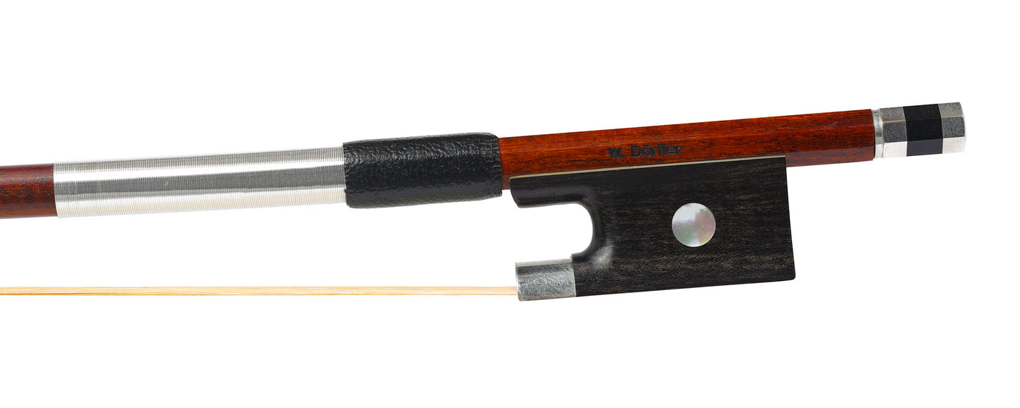 W. Dörfler round highly figured Pernambuco violin bow, ebony & nickel full-mounted, GERMANY