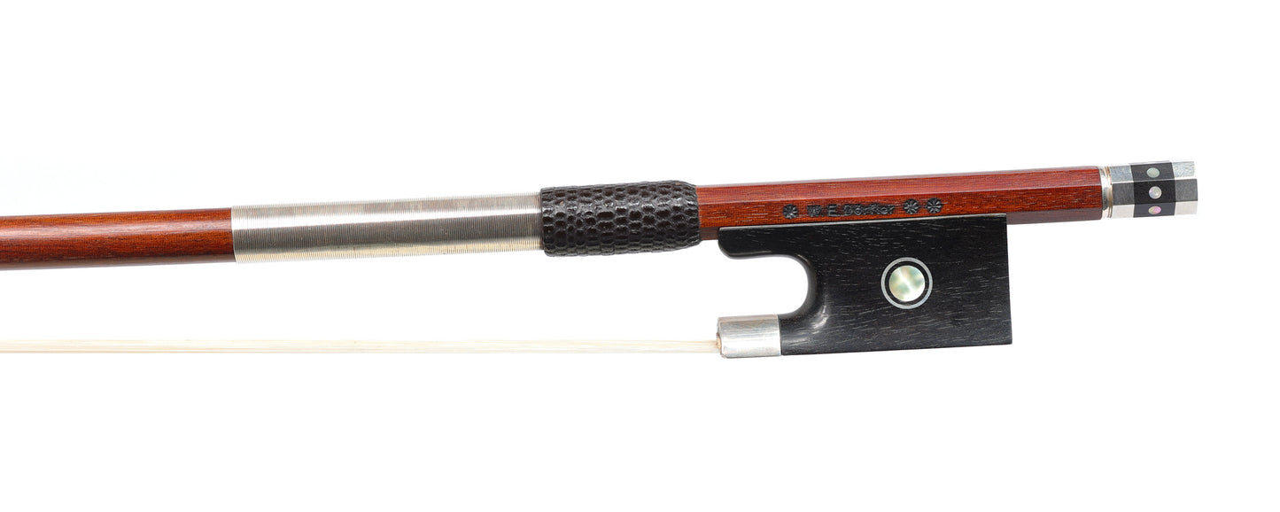 *W.E. Dörfler** violin bow, dark round Pernambuco stick, ebony & nickel mounted frog, Parisian eyes, fancy button, GERMANY, 61.8g