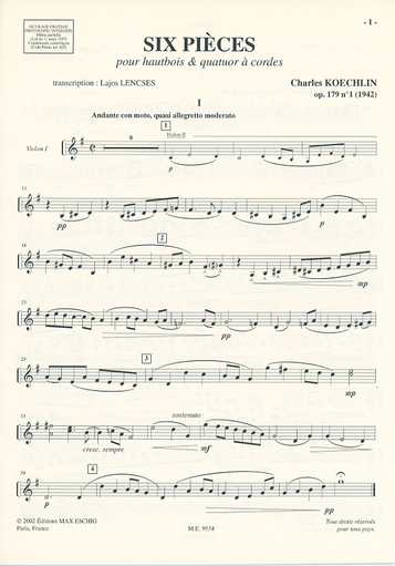 Koechlin, Charles: Six Pieces Op.179 (Oboe and String Quartet)