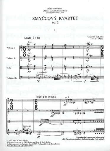Klein, Gideon: String Quartet Op.2-Smyccovy Kvartet (1940-41) score and parts
