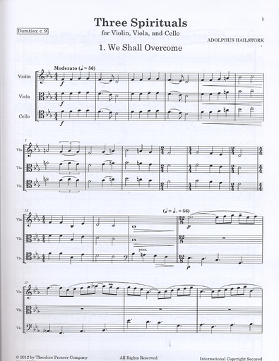 Hailstork, Adolphus: Three Spirituals for Violin, Viola and Cello, score & parts We Shall Overcome Kum Ba Yah Great Day