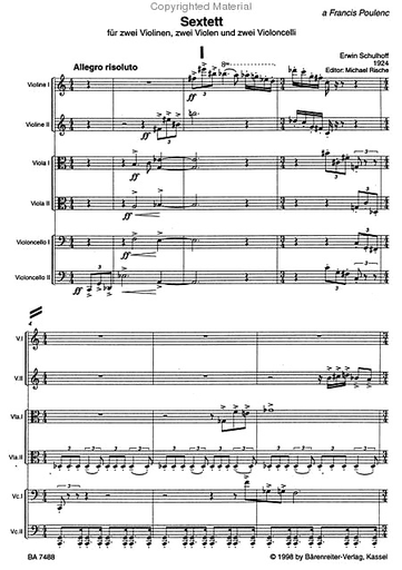 Schulhoff, E. (Rische): (Score) Sextett for 2 Violins, 2 Violas, 2 Violoncellos (1924) (string sextett) Barenreiter