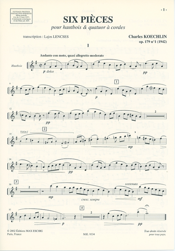 Koechlin, Charles: Six Pieces Op.179 (Oboe and String Quartet)