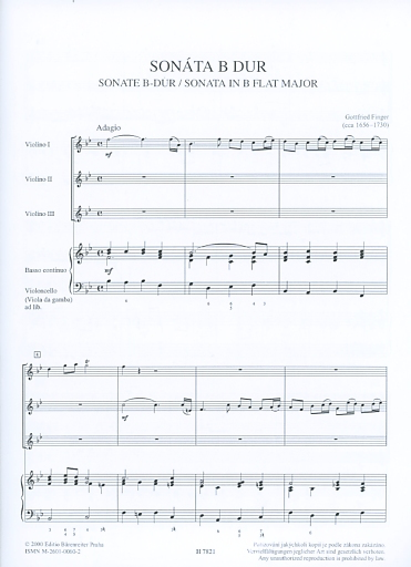 Finger, Gottfried: Sonata in Bb Major for 3 Violins and basso continuo, score & parts, Barenreiter