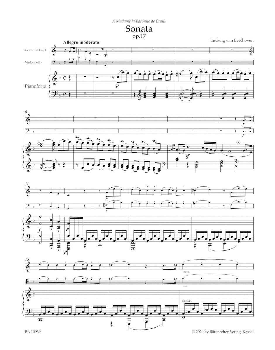 Beethoven, Ludwig van (Del Mar): Sonata for Pianoforte and Horn or Violoncello in F major op. 17, Barenreiter Urtext