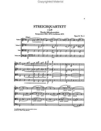 Brahms, J. (Reiser, ed.): String Quartet, Op. 51 No. 1 in C Minor and 2 in A Minor, urtext (score)