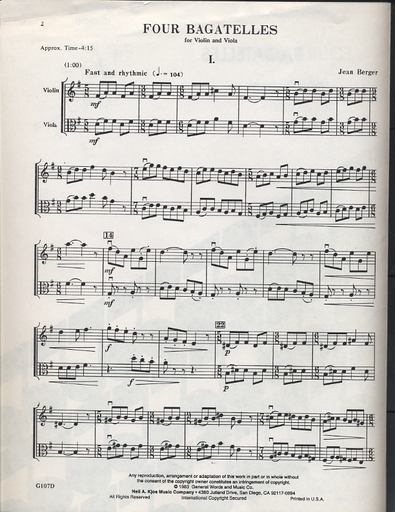 Berger, Jean: Four Bagatelles for Violin & Viola