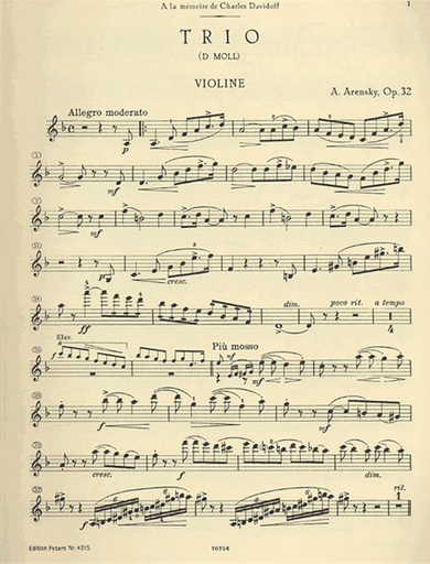 Arensky, Anton: Piano Trio in D minor Op.32 (violin, cello & piano)