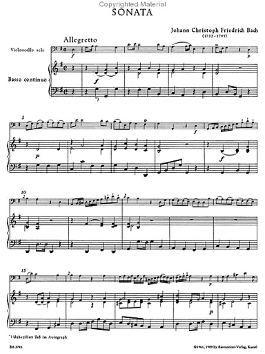 Bach, J.C.F.: Sonata for Cello in G major (cello & bass continuo) Barenreiter