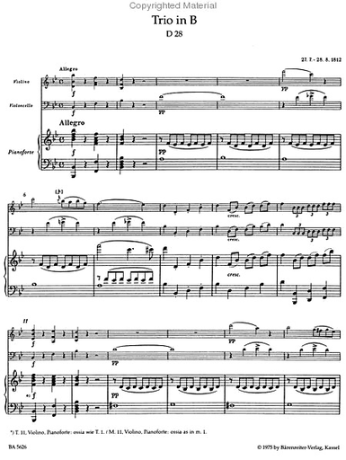 Schubert, F.: Piano Trios in B, D28 and Eb-D897 Op. post.148 (piano, violin, cello) Barenreiter