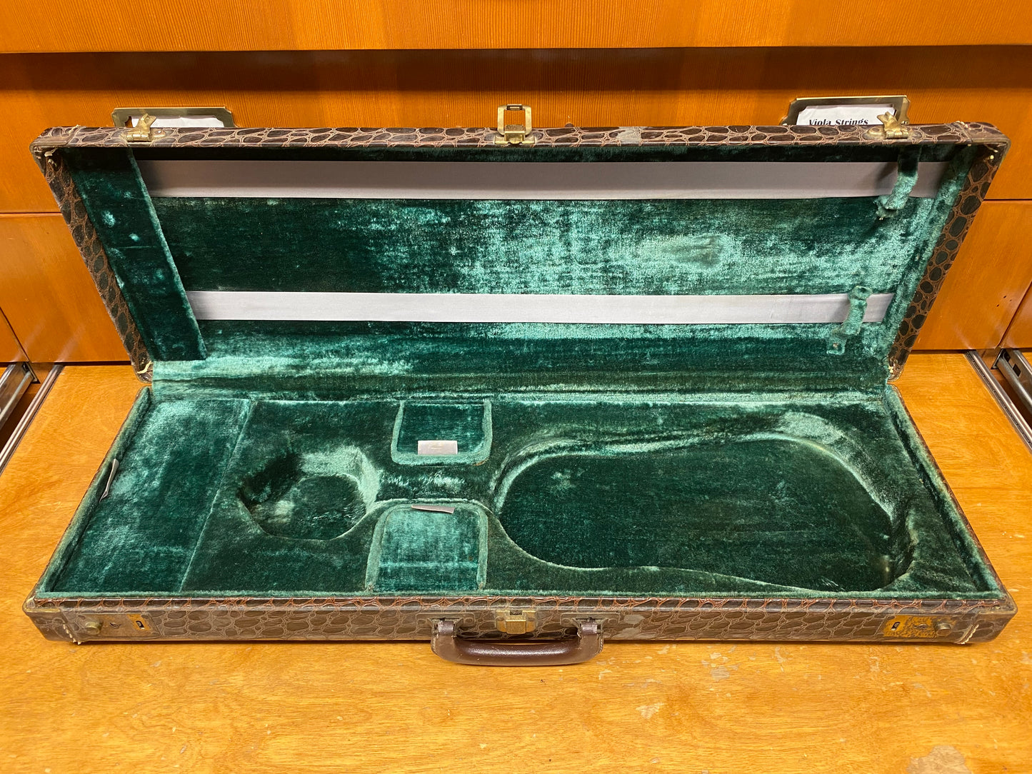 Vintage faux alligator oblong case, green velvet interior | Metzler Violins
