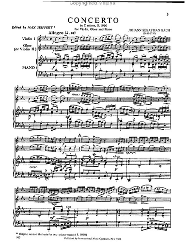 Bach, J.S.: Concerto in C minor (violin, Oboe & piano) (2 violins & piano) IMC