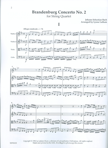 Bach, J.S. (Latham): Brandenburg Concerto No. 2 (string quartet score & parts)